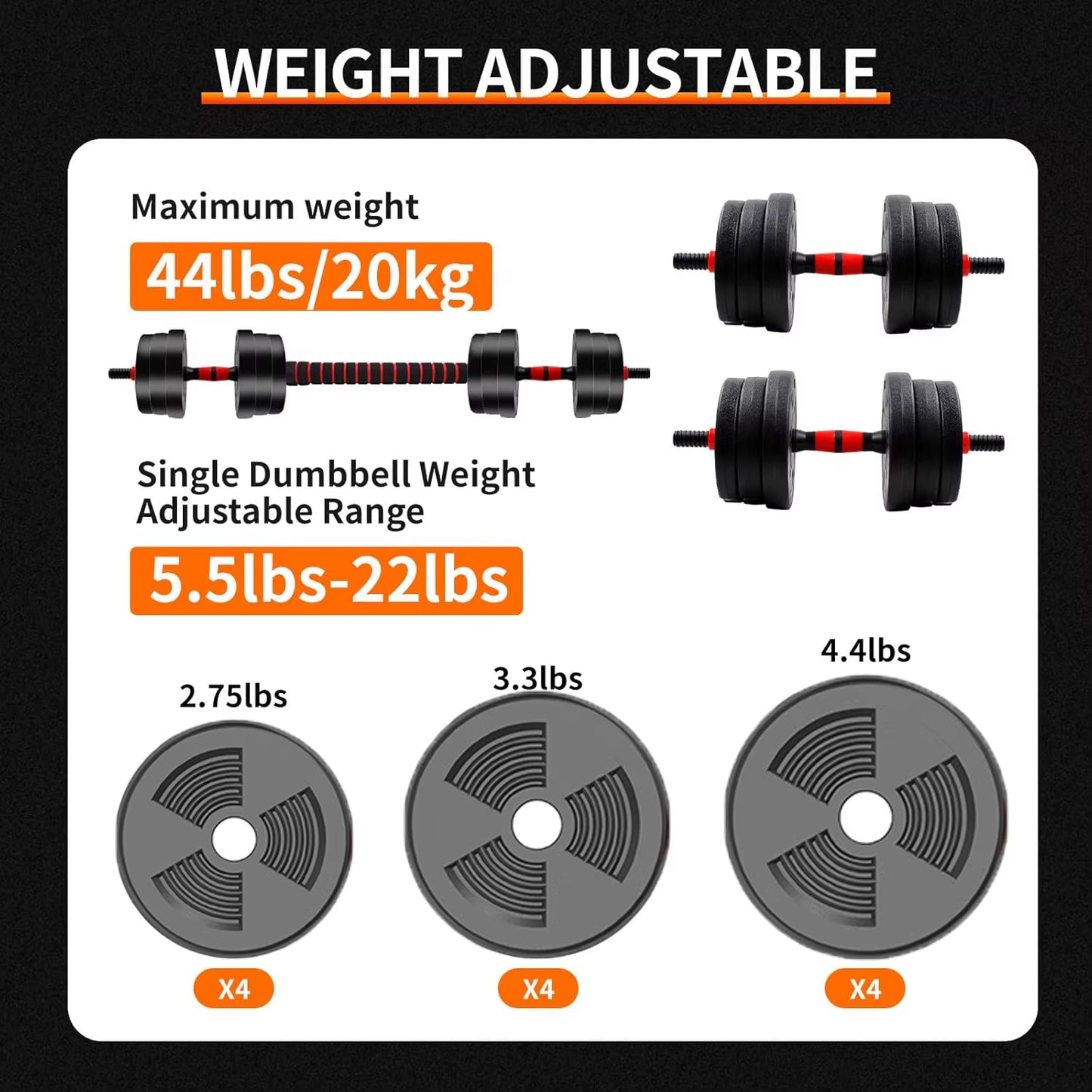 5–44 lb Adjustable Dumbbell to Barbell Set